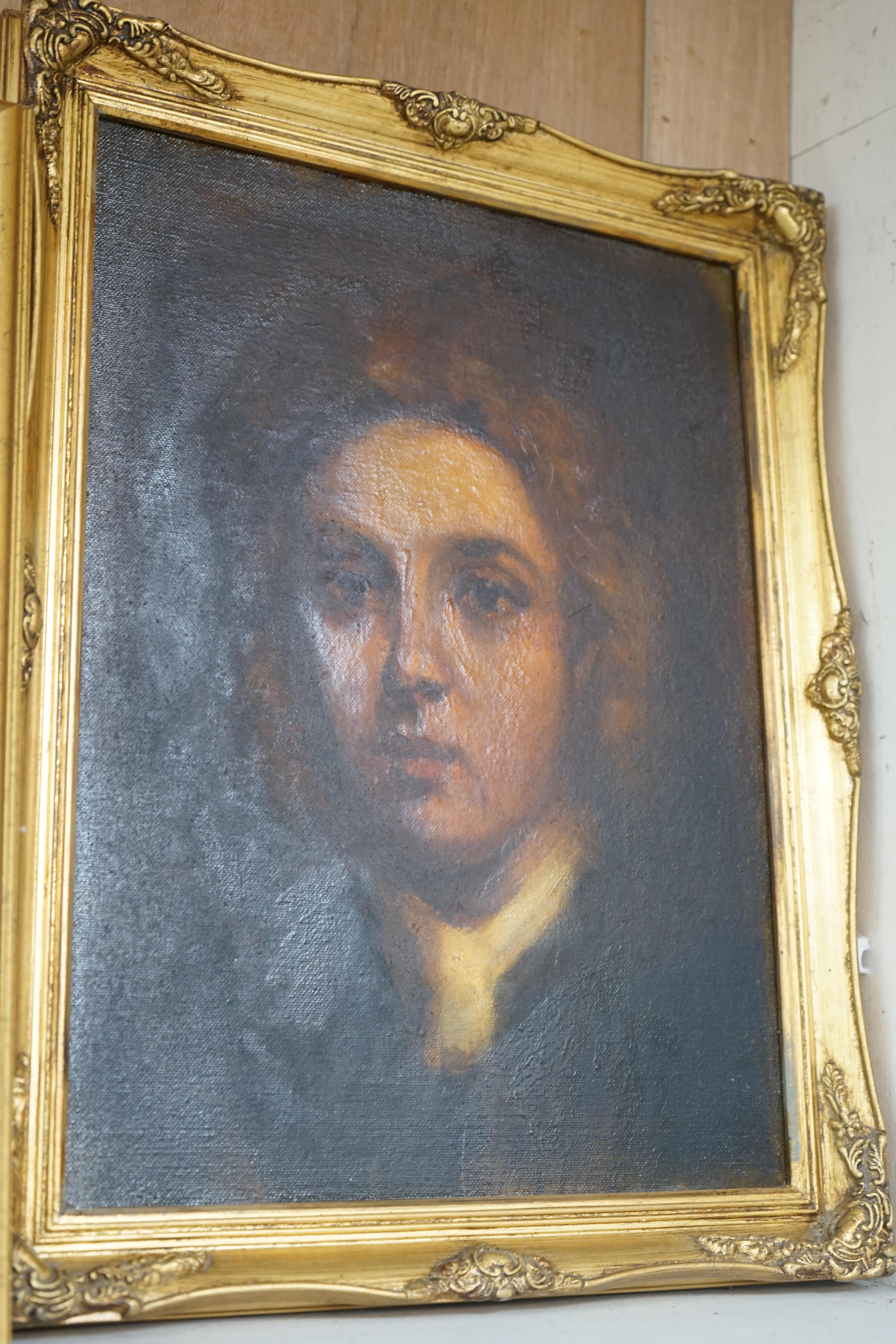Three portraits to include a pastel, Portrait of a lady wearing a bonnet and an oil on canvas board, Portrait of a Georgian gentleman, 39 x 29cm, gilt framed. Condition - varies, fair to good